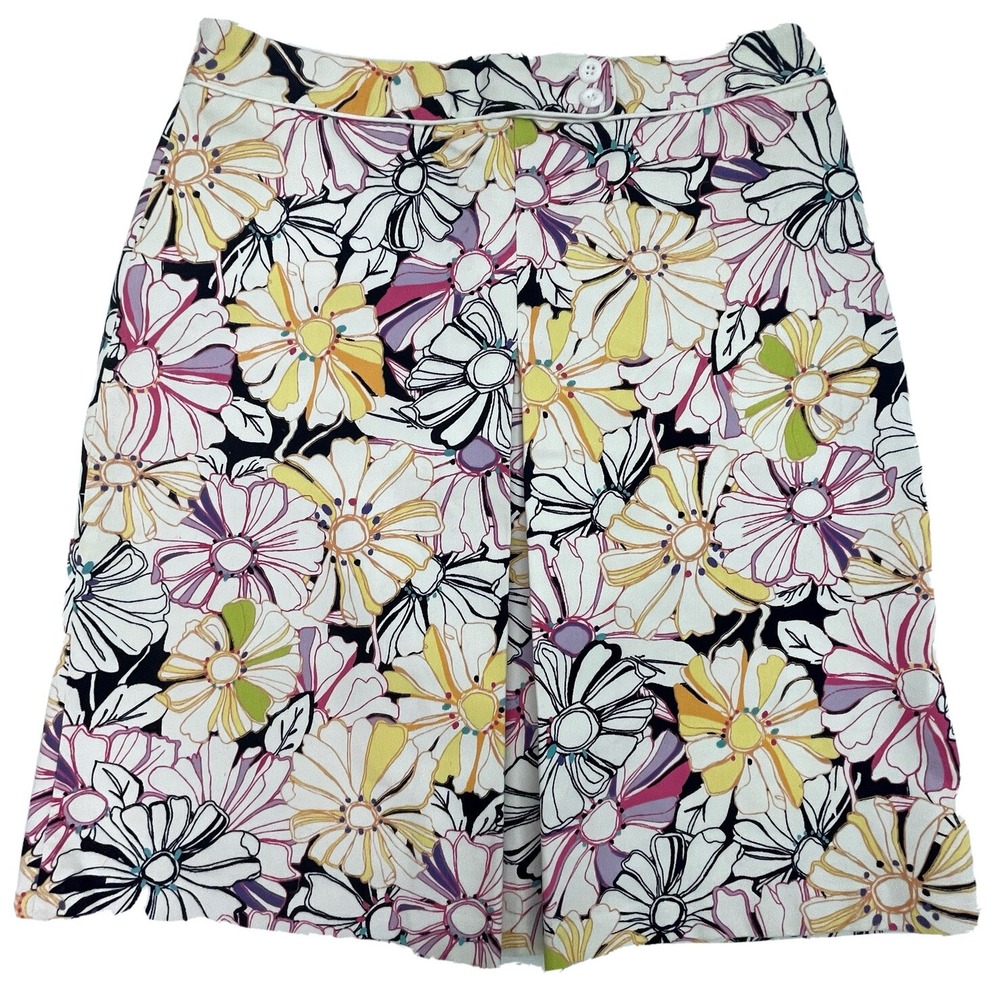 Lands' End Womens 12 Casual Skirt Floral Front‎ Pleat A-line Knee Length Ivory